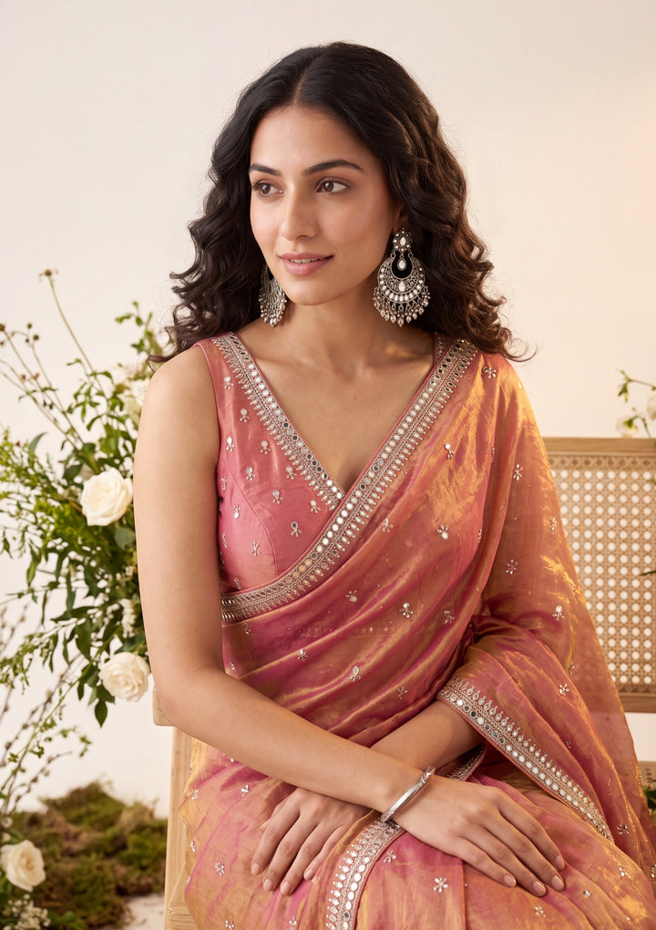 Rust Tissue Cutdana Saree With Matching Blouse Piece
