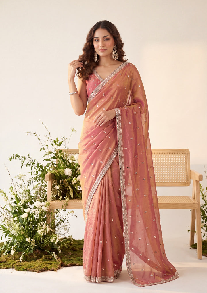 Rust Tissue Cutdana Saree With Matching Blouse Piece