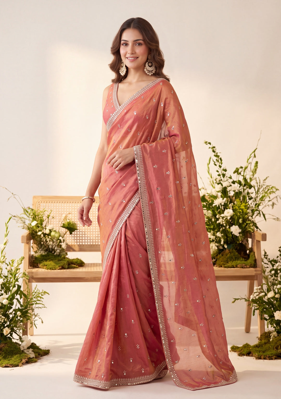 Rust Tissue Cutdana Saree With Matching Blouse Piece