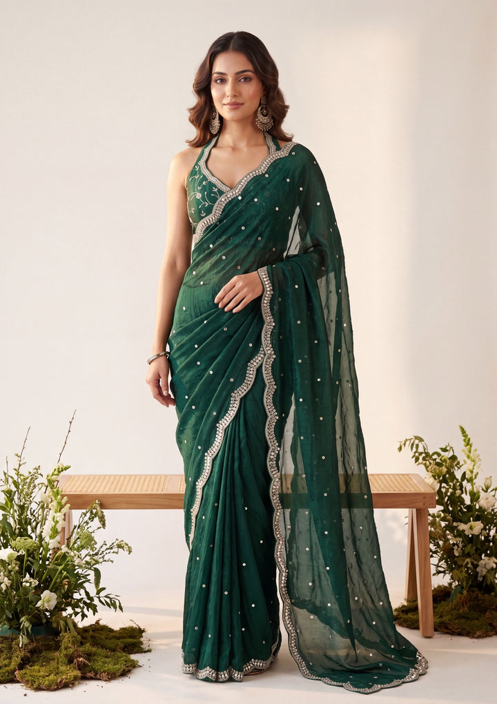 Bottle Green Tissue Mirrorwork Saree With Matching Blouse Piece
