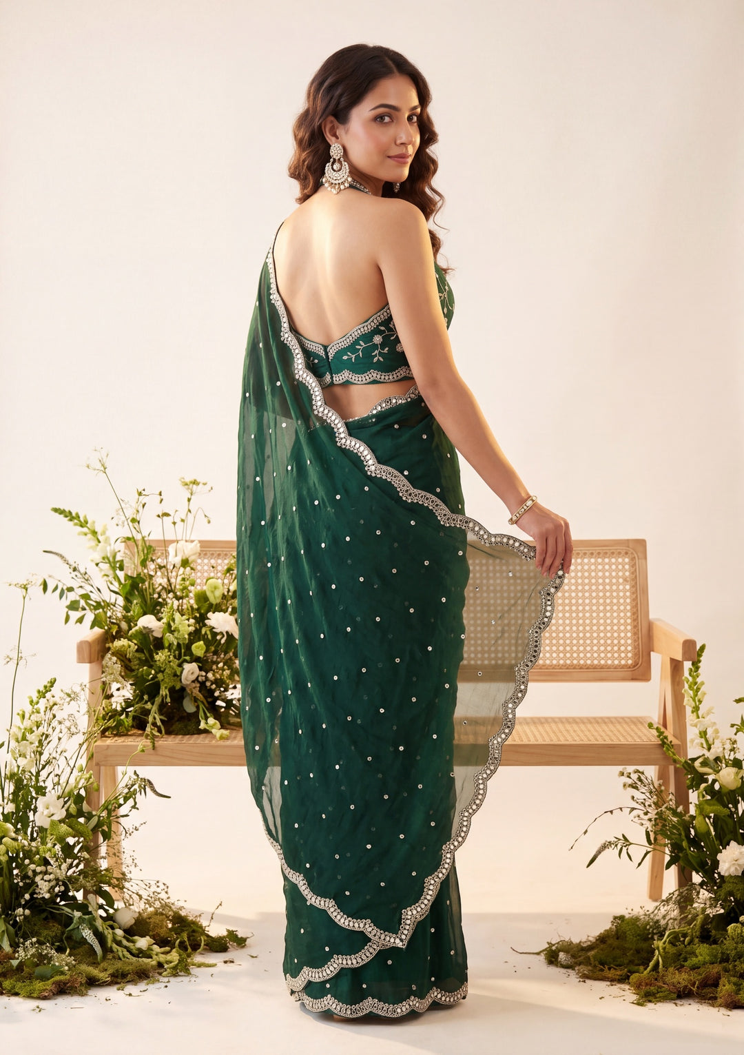 Bottle Green Tissue Mirrorwork Saree With Matching Blouse Piece