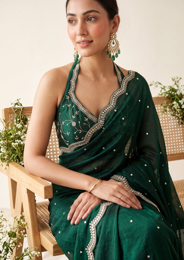 Bottle Green Tissue Mirrorwork Saree With Matching Blouse Piece