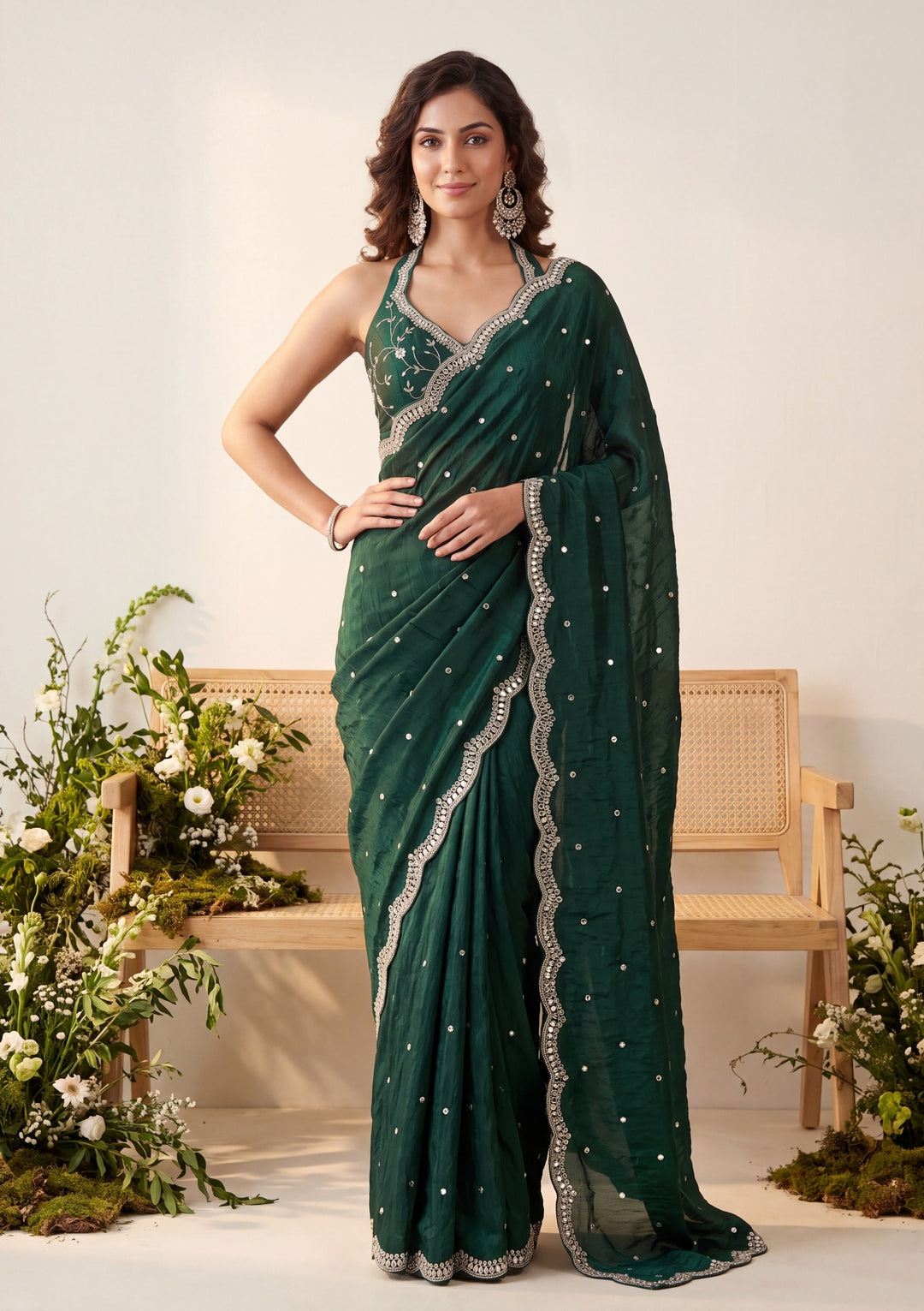 Bottle Green Tissue Mirrorwork Saree With Matching Blouse Piece