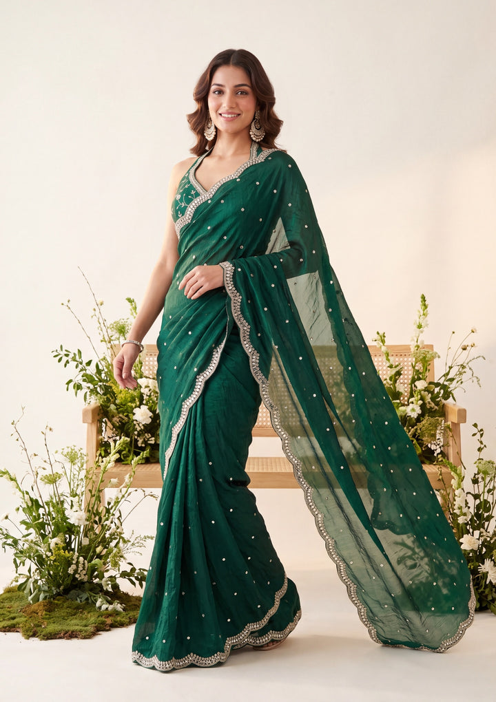Bottle Green Tissue Mirrorwork Saree With Matching Blouse Piece