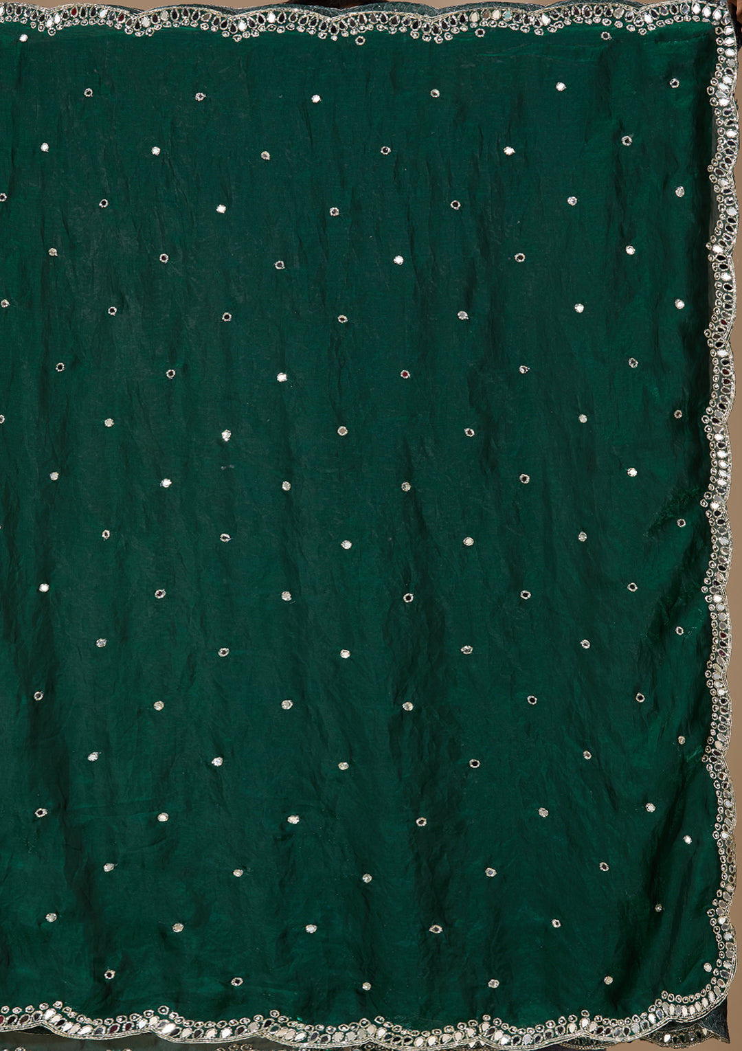 Bottle Green Tissue Mirrorwork Saree With Matching Blouse Piece