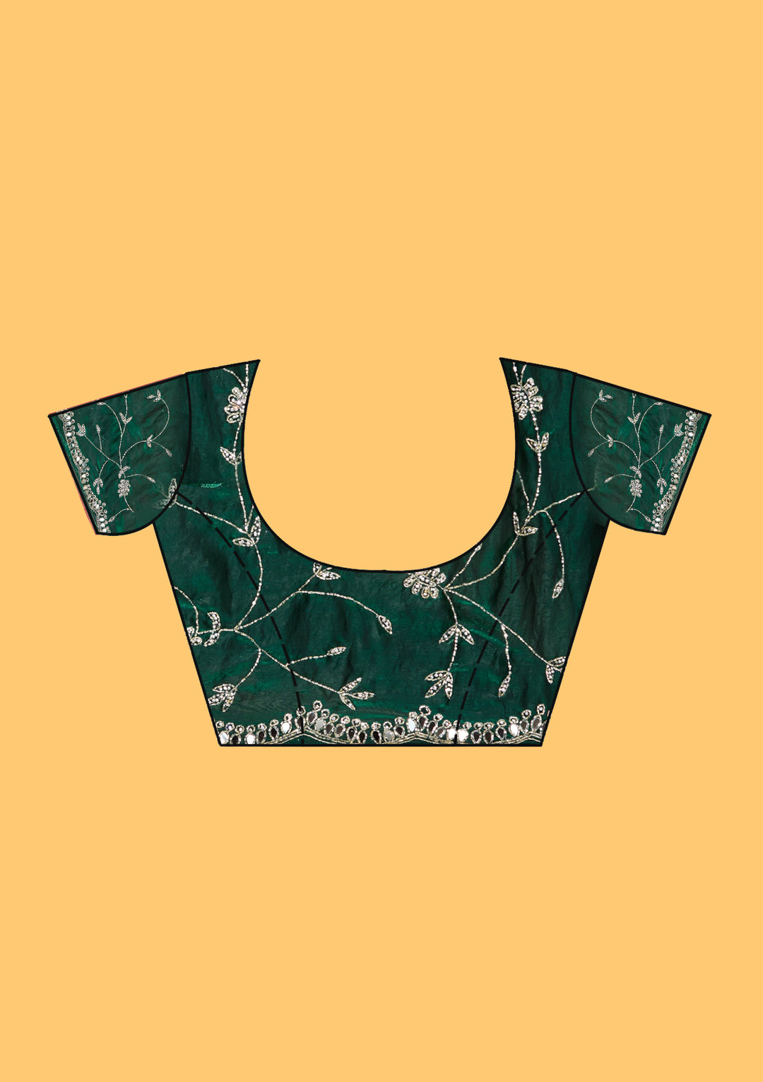 Bottle Green Tissue Mirrorwork Saree With Matching Blouse Piece