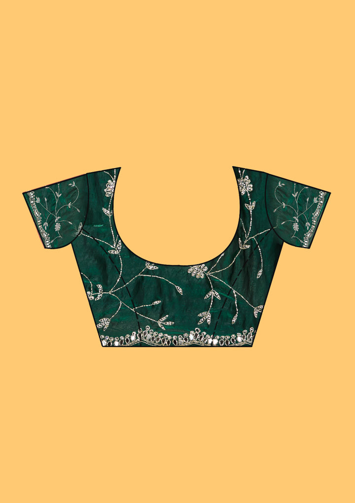 Bottle Green Tissue Mirrorwork Saree With Matching Blouse Piece