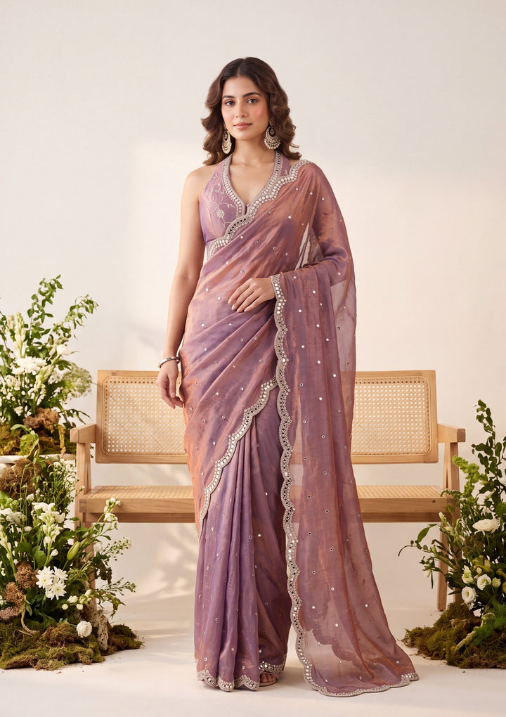Copper Tissue Mirrorwork Saree With Matching Blouse Piece