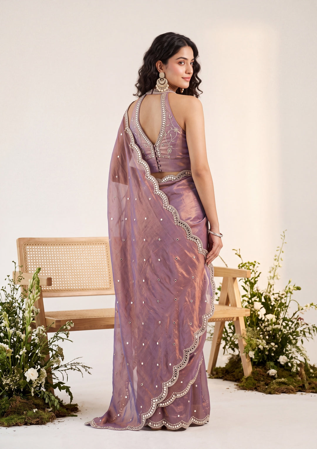 Copper Tissue Mirrorwork Saree With Matching Blouse Piece