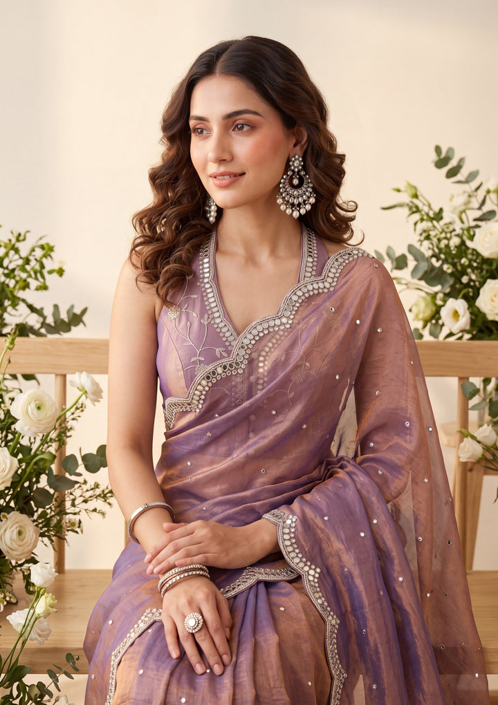 Copper Tissue Mirrorwork Saree With Matching Blouse Piece