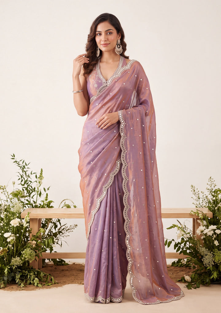 Copper Tissue Mirrorwork Saree With Matching Blouse Piece