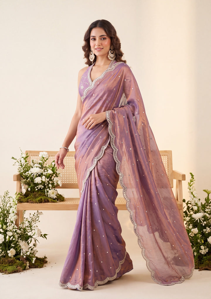 Copper Tissue Mirrorwork Saree With Matching Blouse Piece