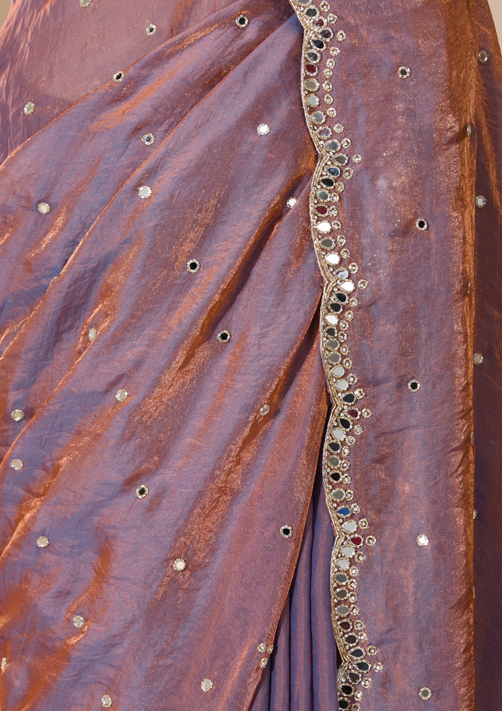Copper Tissue Mirrorwork Saree With Matching Blouse Piece