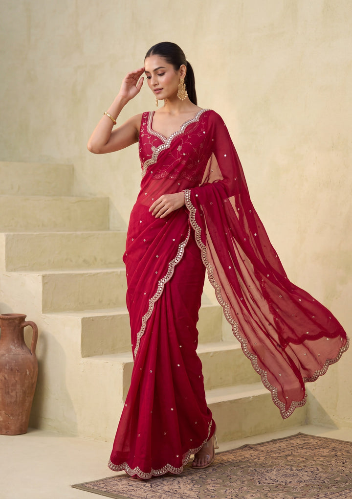 Rani Pink Tissue  Mirrorwork Saree With Matching Blouse Piece