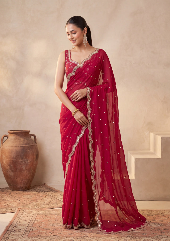 Rani Pink Tissue  Mirrorwork Saree With Matching Blouse Piece
