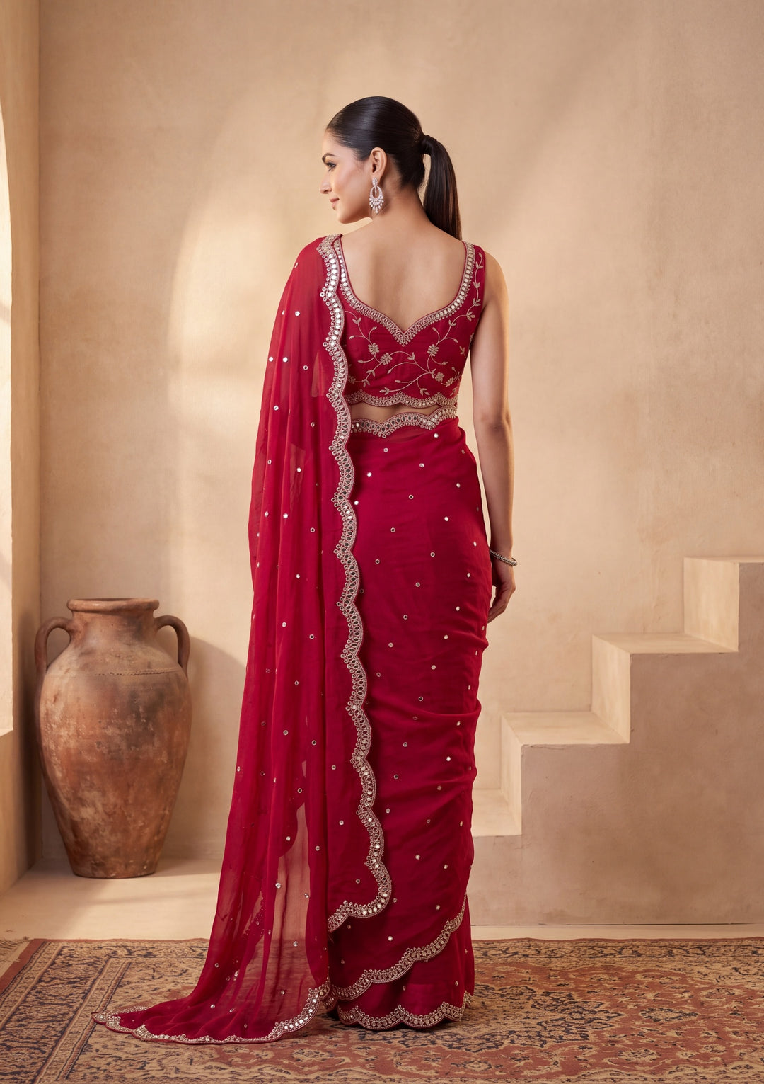 Rani Pink Tissue  Mirrorwork Saree With Matching Blouse Piece