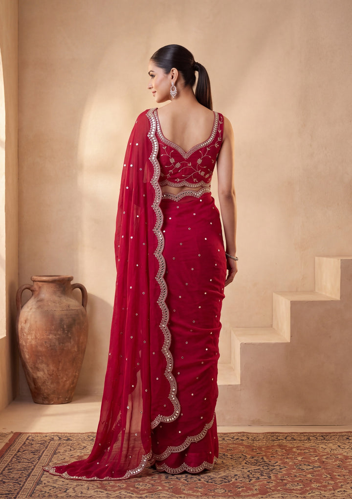 Rani Pink Tissue  Mirrorwork Saree With Matching Blouse Piece