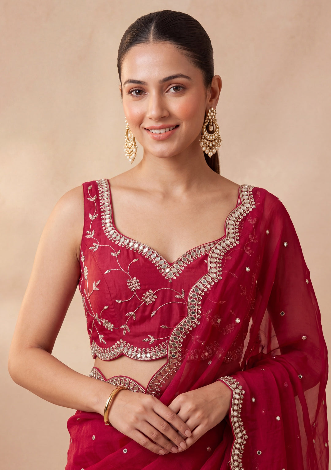 Rani Pink Tissue  Mirrorwork Saree With Matching Blouse Piece