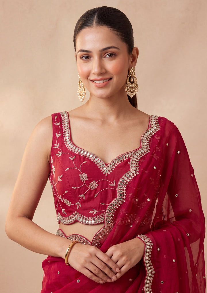 Rani Pink Tissue  Mirrorwork Saree With Matching Blouse Piece
