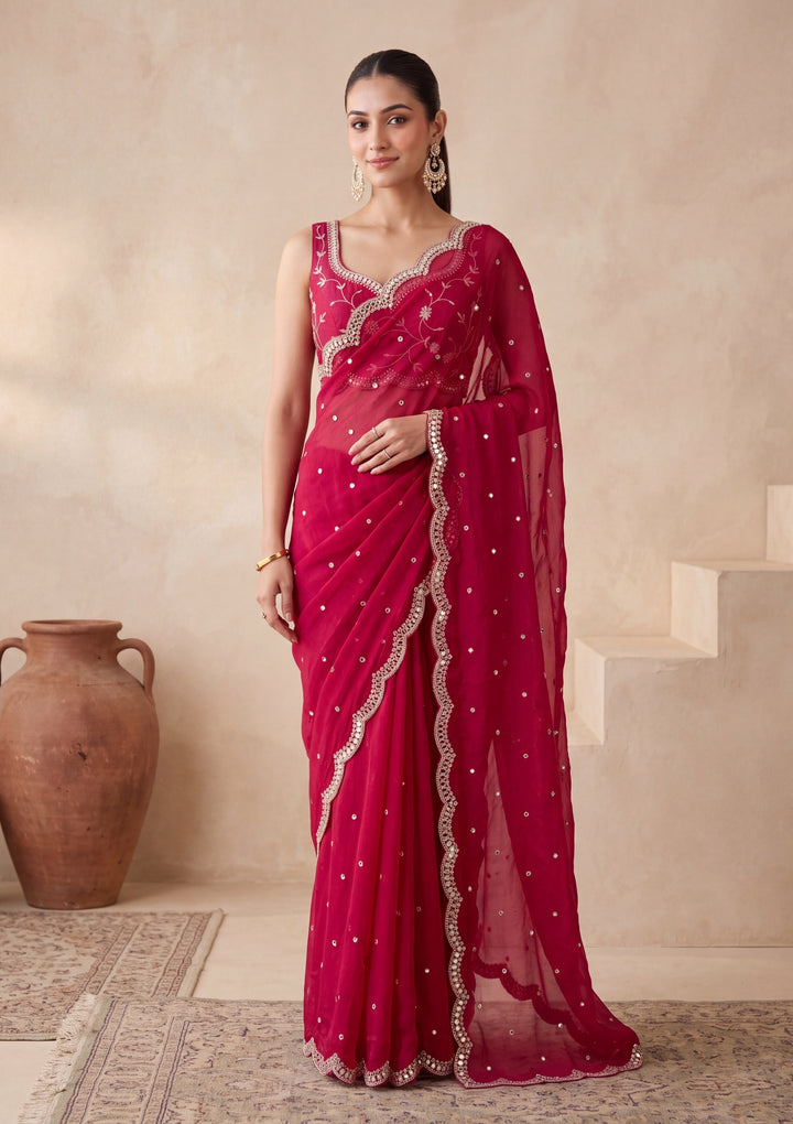 Rani Pink Tissue  Mirrorwork Saree With Matching Blouse Piece