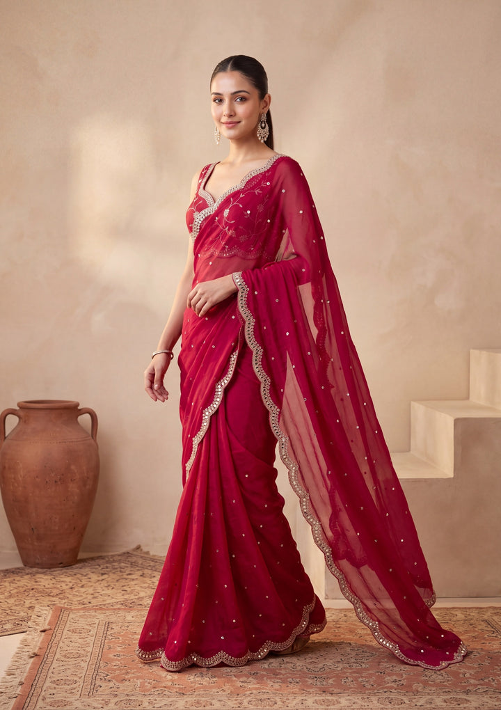 Rani Pink Tissue  Mirrorwork Saree With Matching Blouse Piece