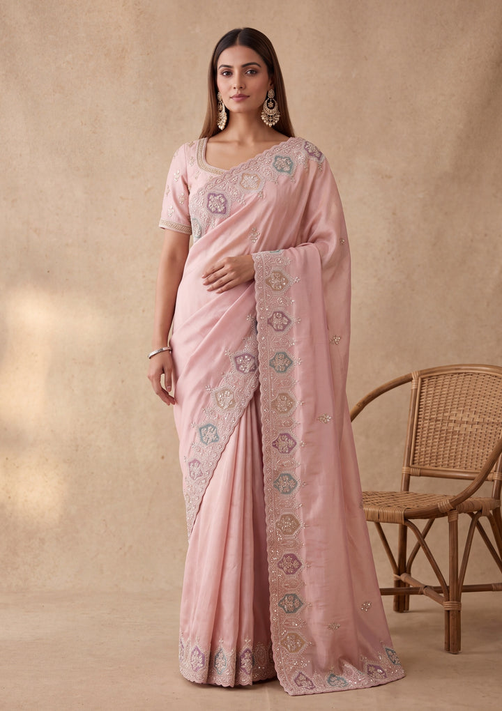 Peach Tissue Sequins Saree With Matching Blouse Piece
