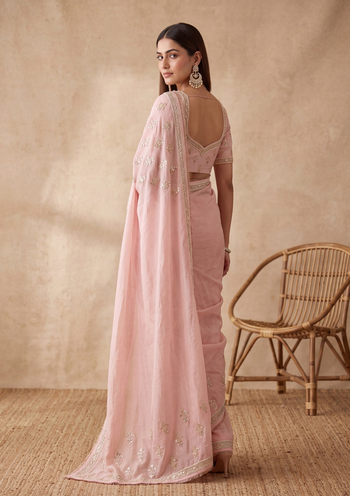 Peach Tissue Sequins Saree With Matching Blouse Piece