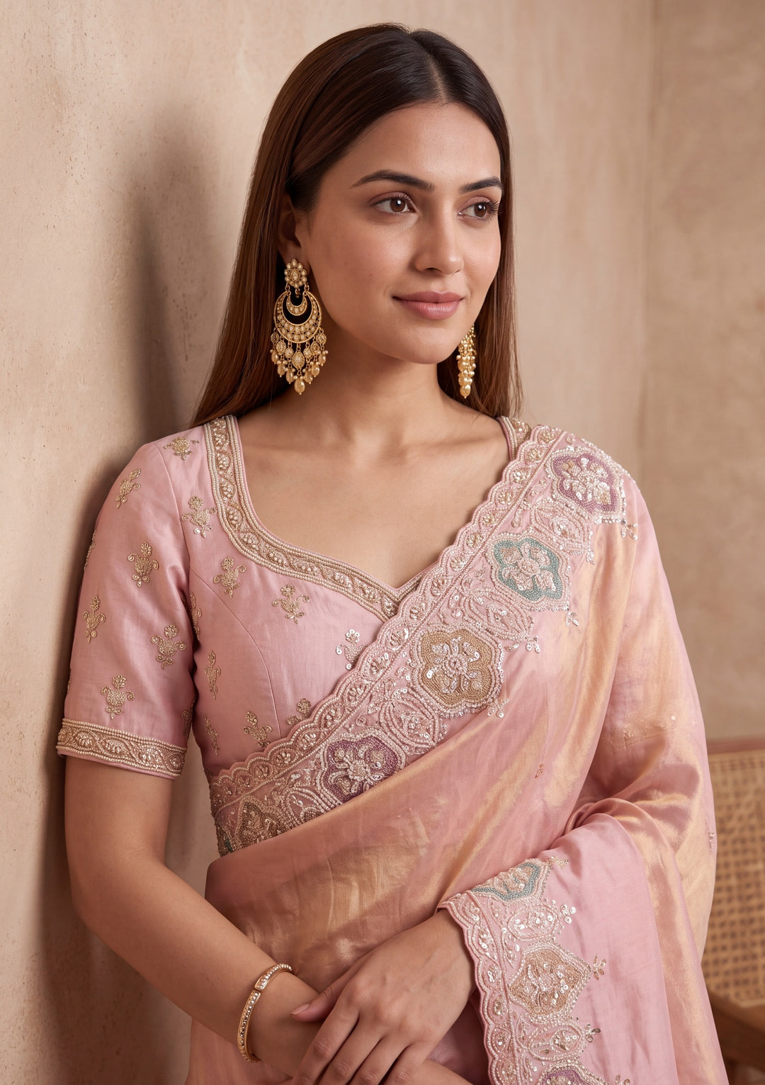 Peach Tissue Sequins Saree With Matching Blouse Piece