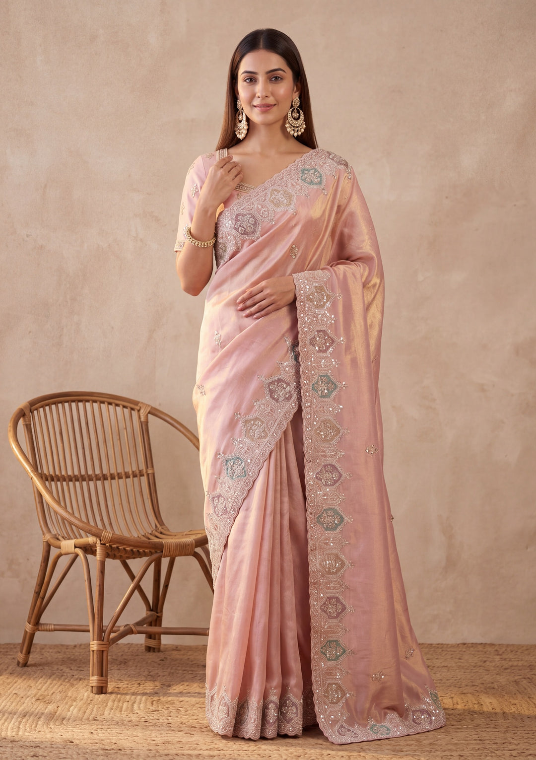 Peach Tissue Sequins Saree With Matching Blouse Piece