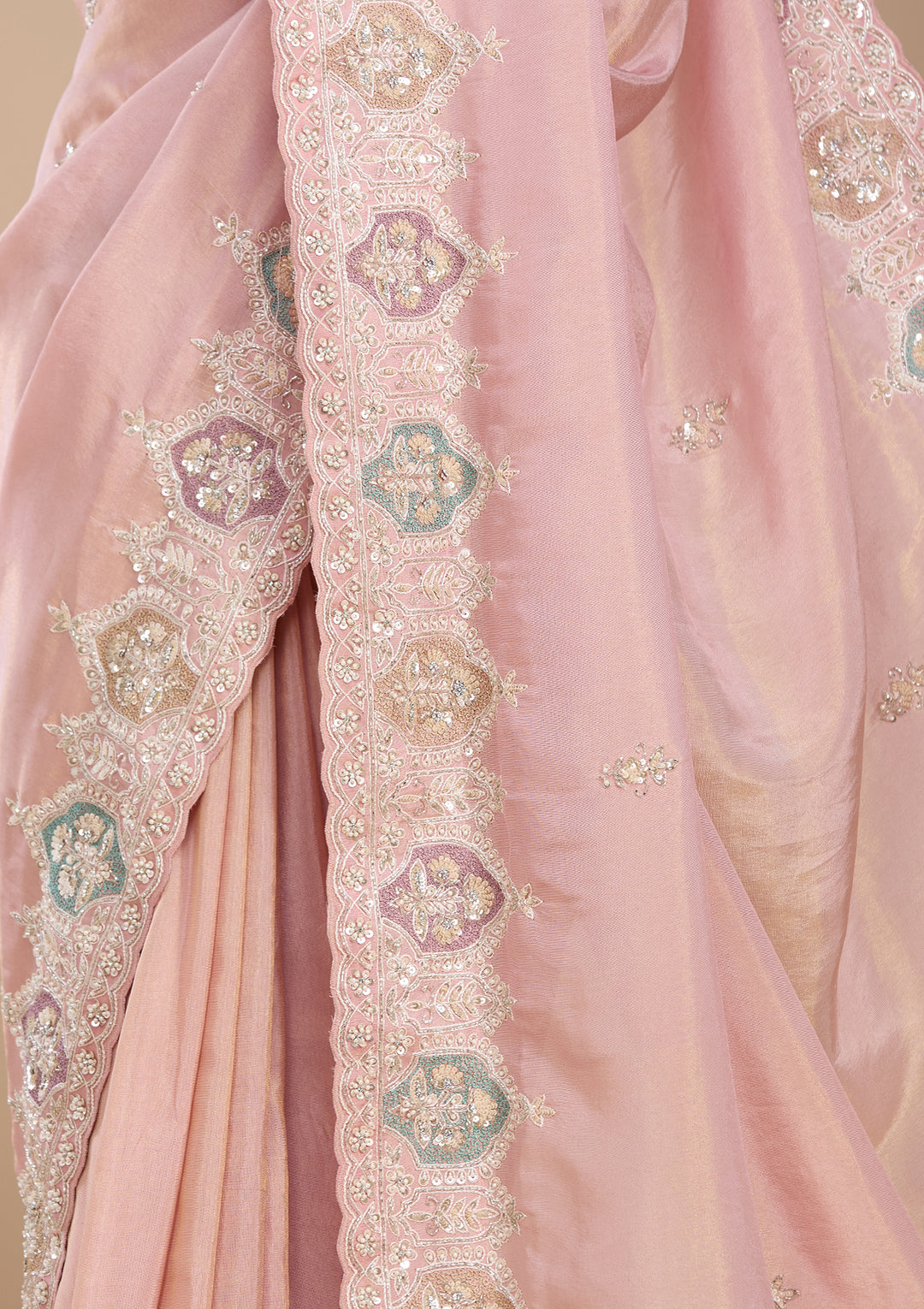 Peach Tissue Sequins Saree With Matching Blouse Piece