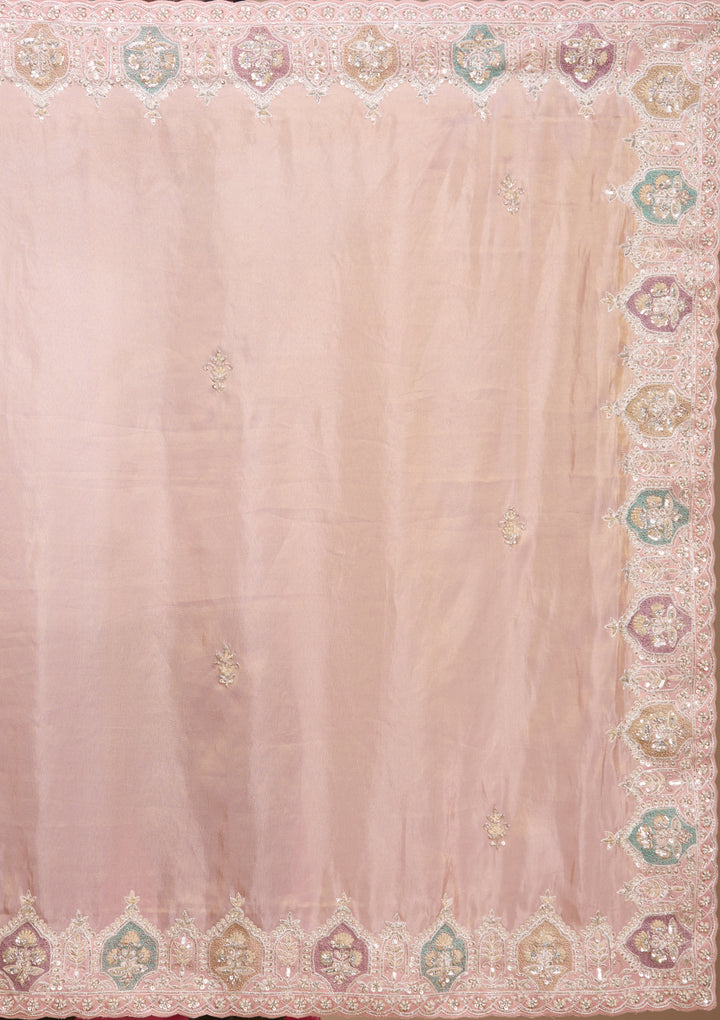 Peach Tissue Sequins Saree With Matching Blouse Piece