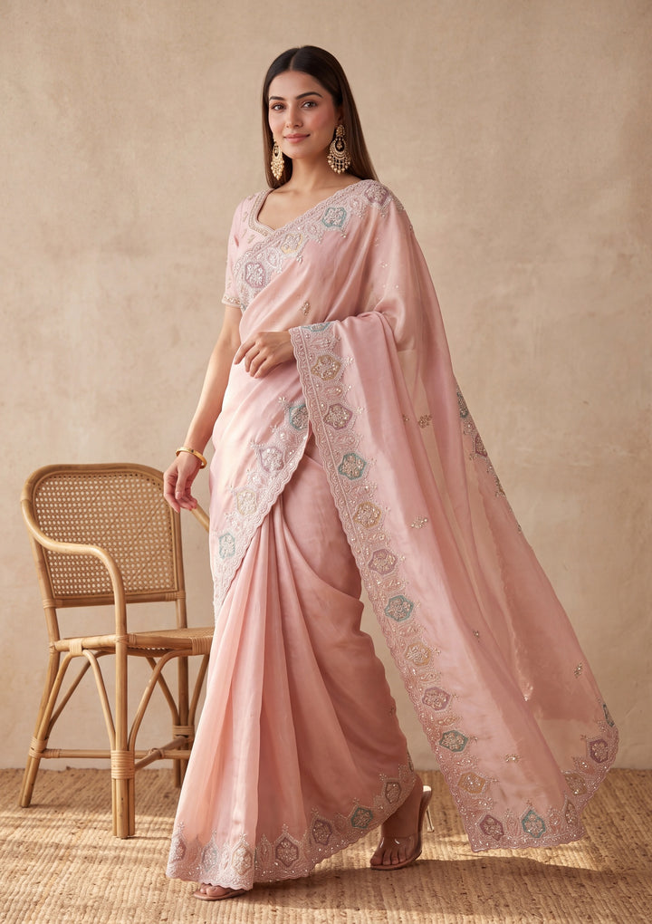 Peach Tissue Sequins Saree With Matching Blouse Piece