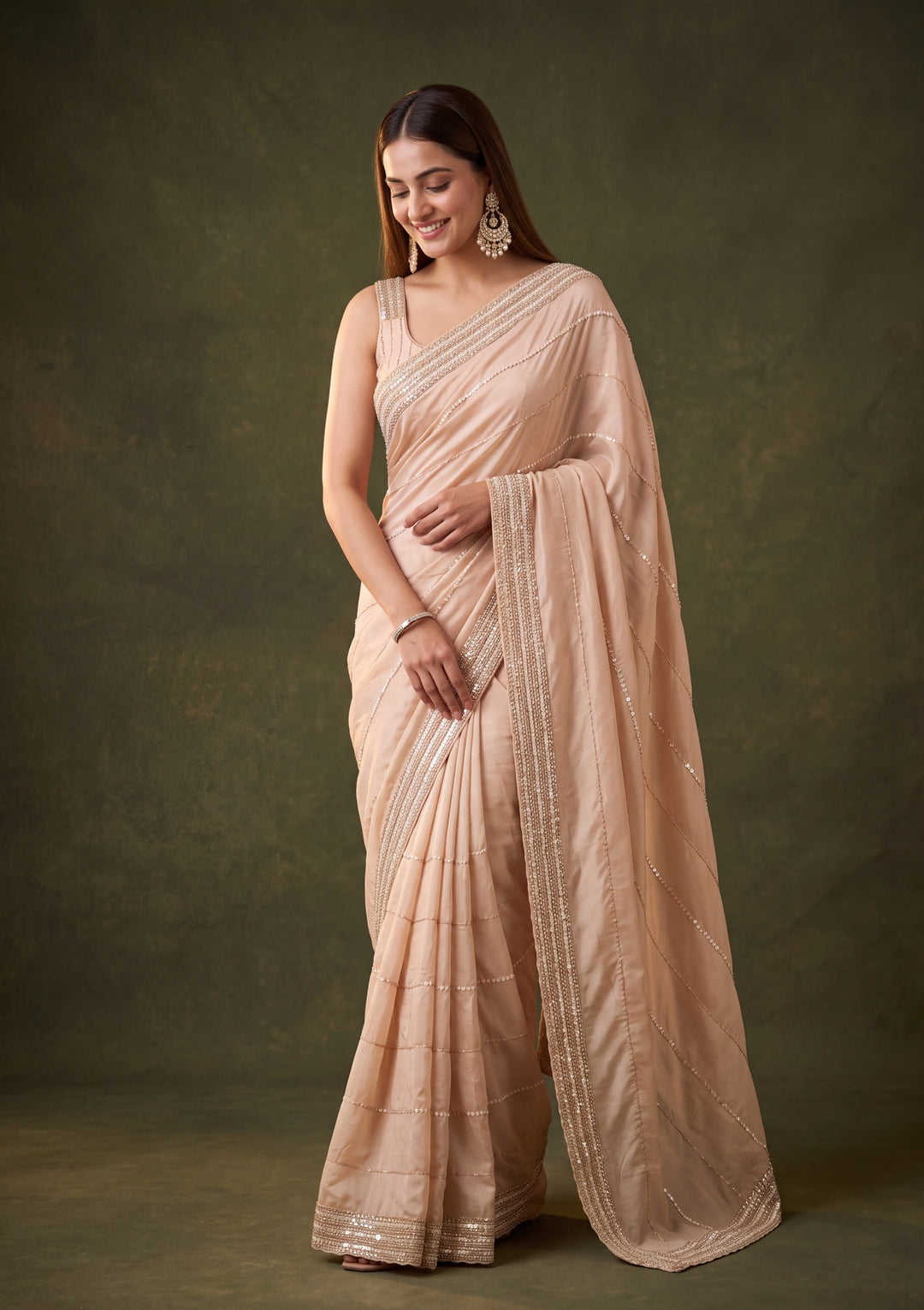 Beige Crepe Sequins Saree With Matching Blouse Piece