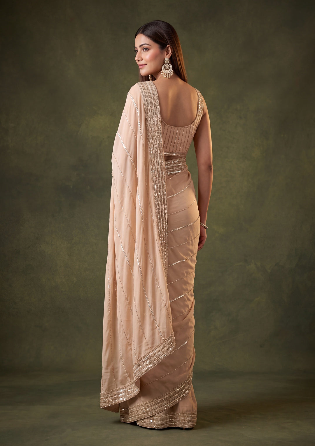 Beige Crepe Sequins Saree With Matching Blouse Piece