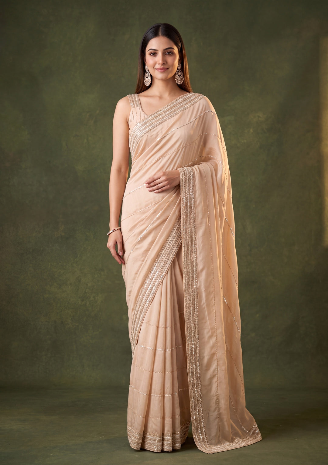 Beige Crepe Sequins Saree With Matching Blouse Piece
