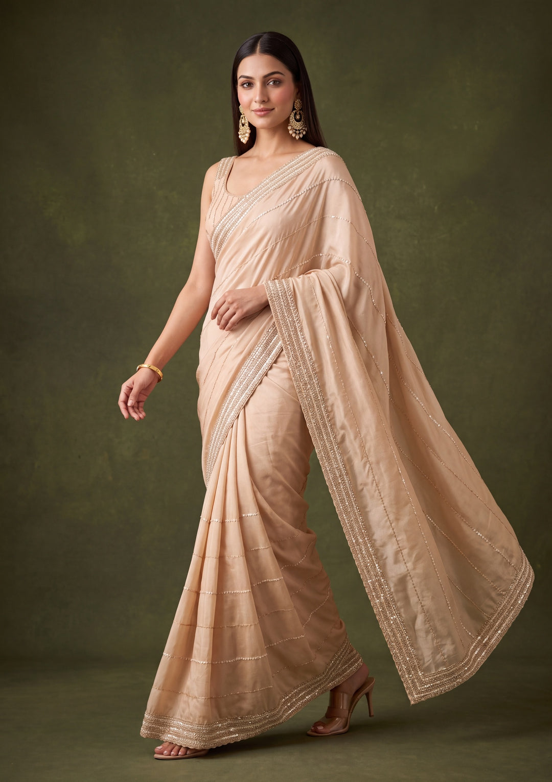 Beige Crepe Sequins Saree With Matching Blouse Piece