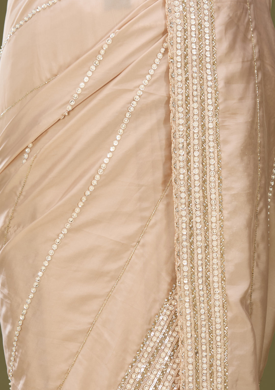 Beige Crepe Sequins Saree With Matching Blouse Piece