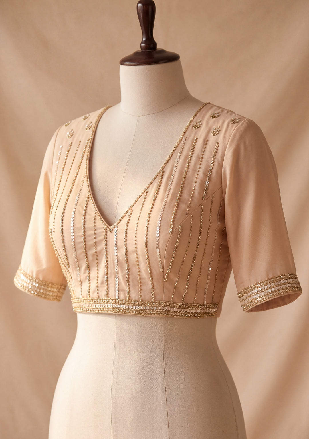 Beige Crepe Sequins Saree With Matching Blouse Piece