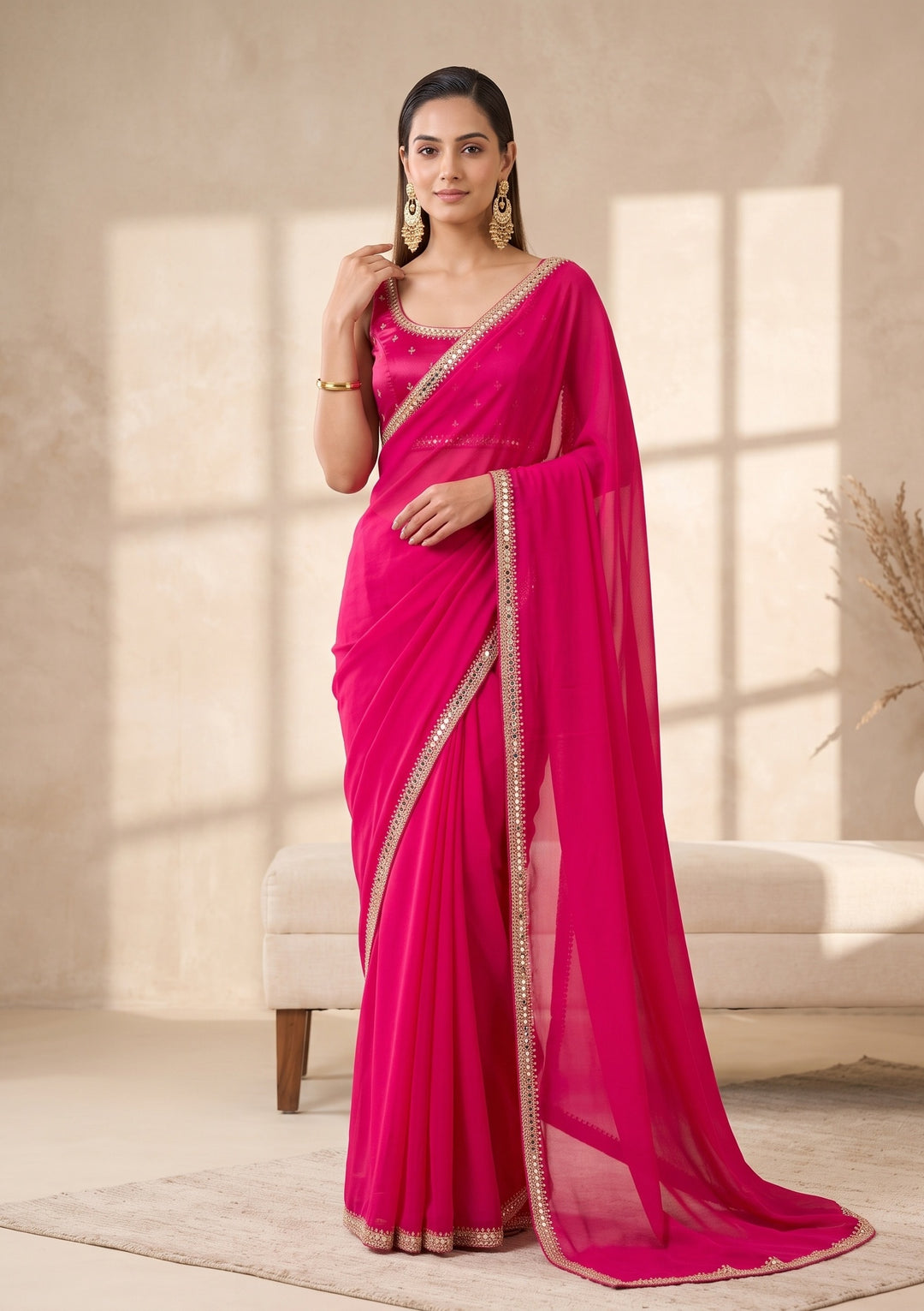 Rani Pink Mirrorwork Satin Saree