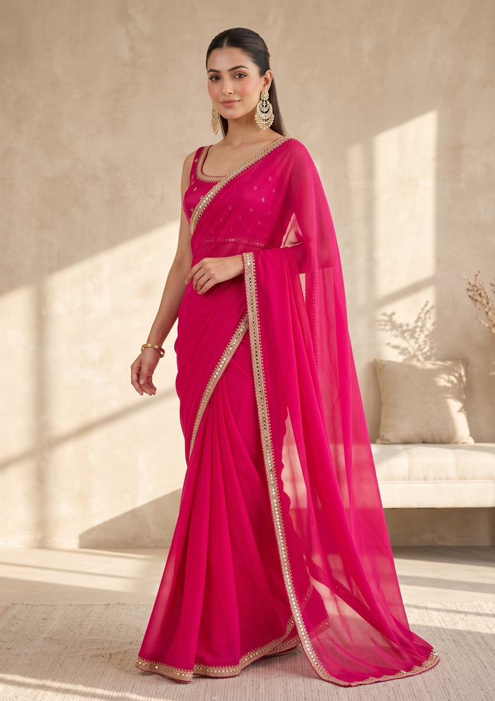 Rani Pink Mirrorwork Satin Saree