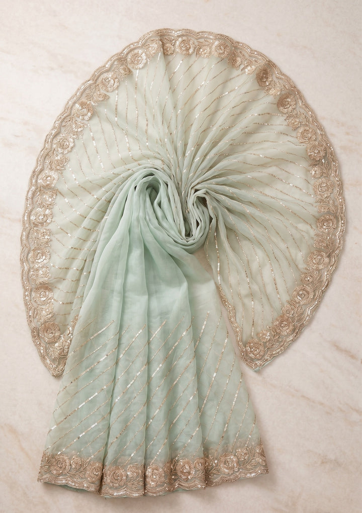 Pista Green Sequins Organza Saree