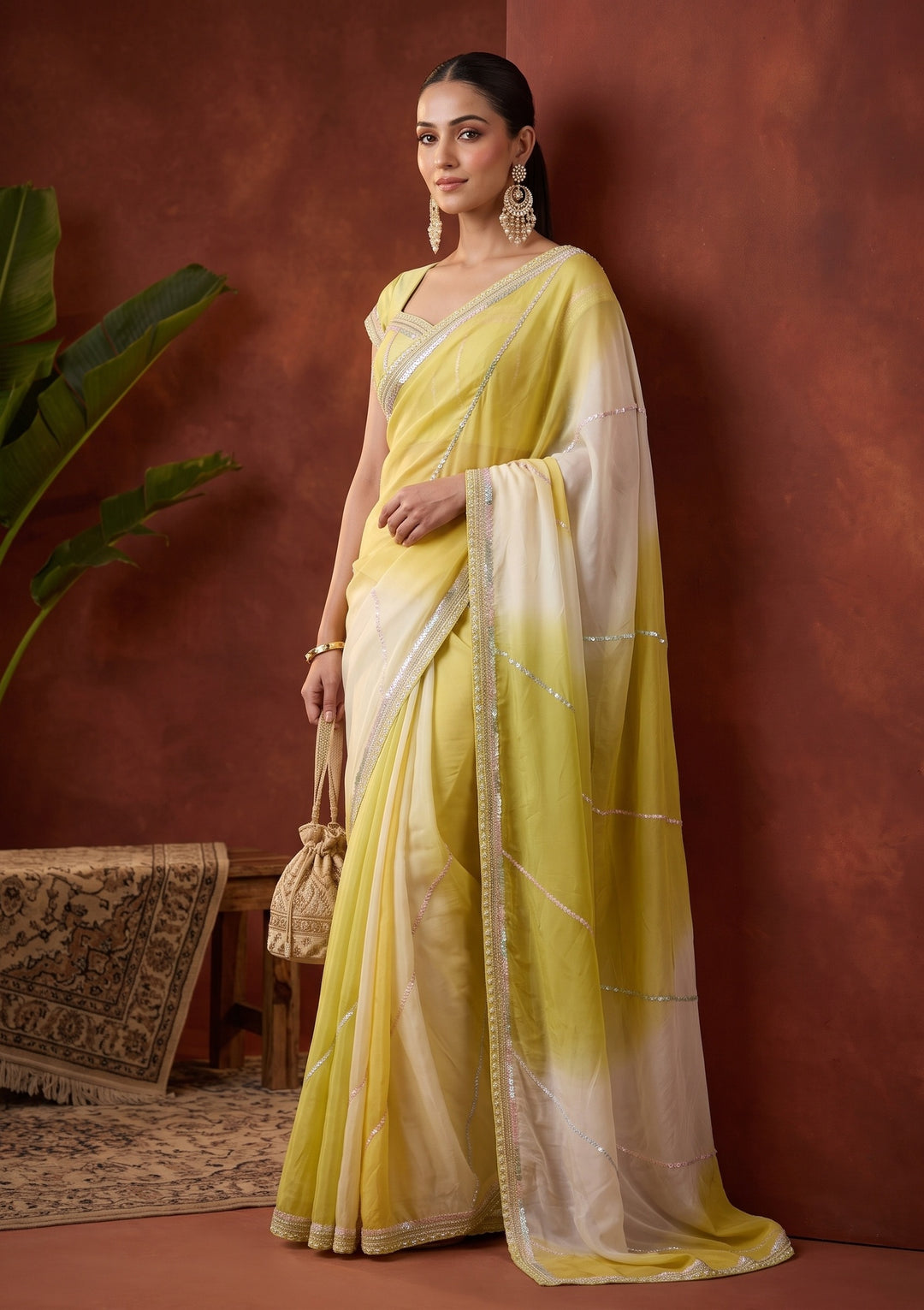 Lemon Yellow Sequins Organza Saree