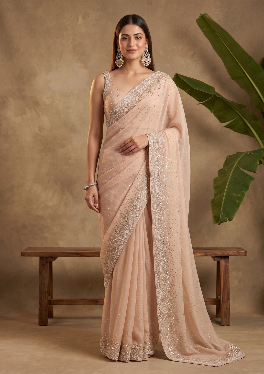 Beige Sequins Tissue Saree
