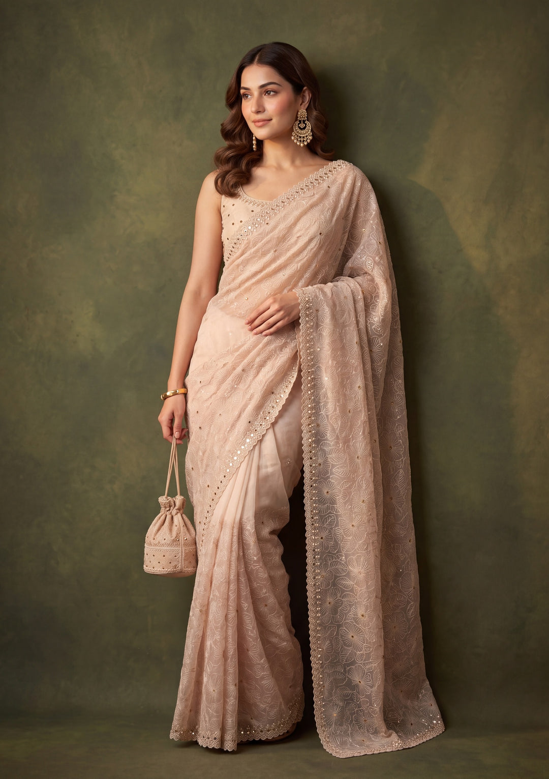 Off White Tissue Threadwork Saree With Matching Blouse Piece