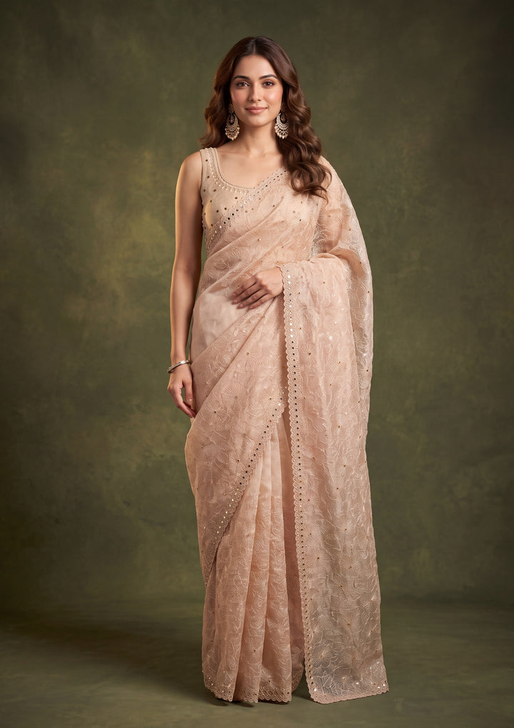 Off White Tissue Threadwork Saree With Matching Blouse Piece
