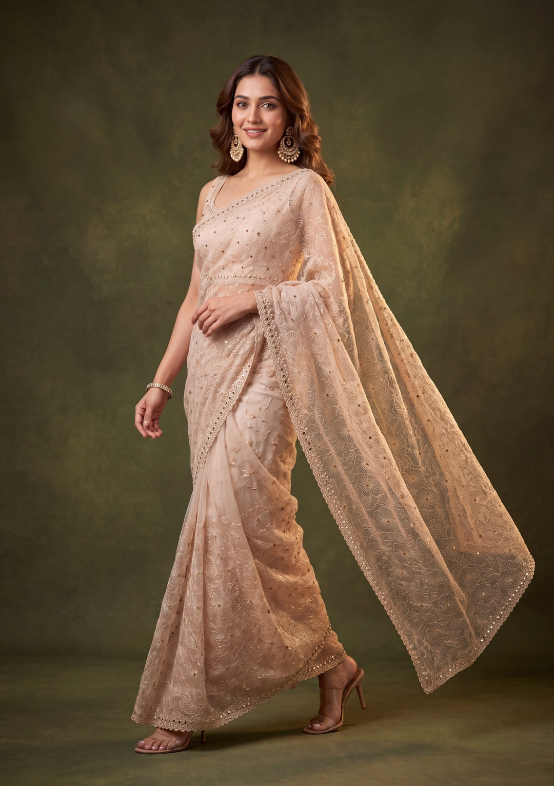 Off White Tissue Threadwork Saree With Matching Blouse Piece
