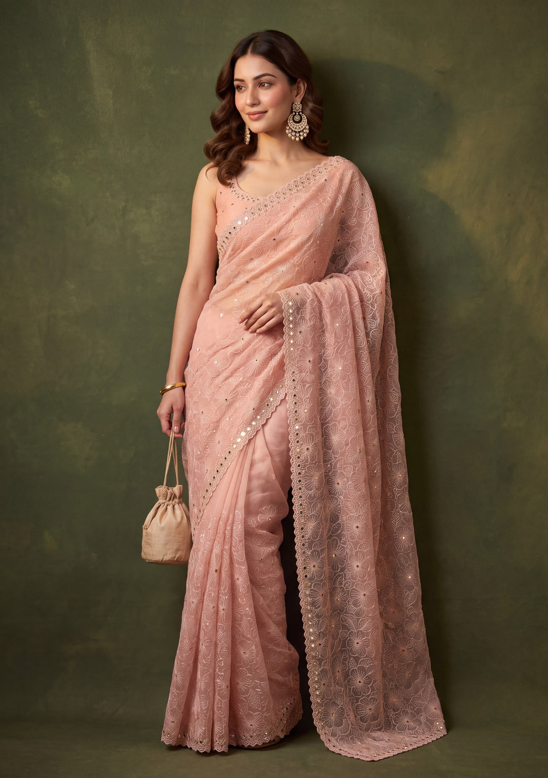 Peach Tissue Mirrorwork Saree With Matching Blouse Piece