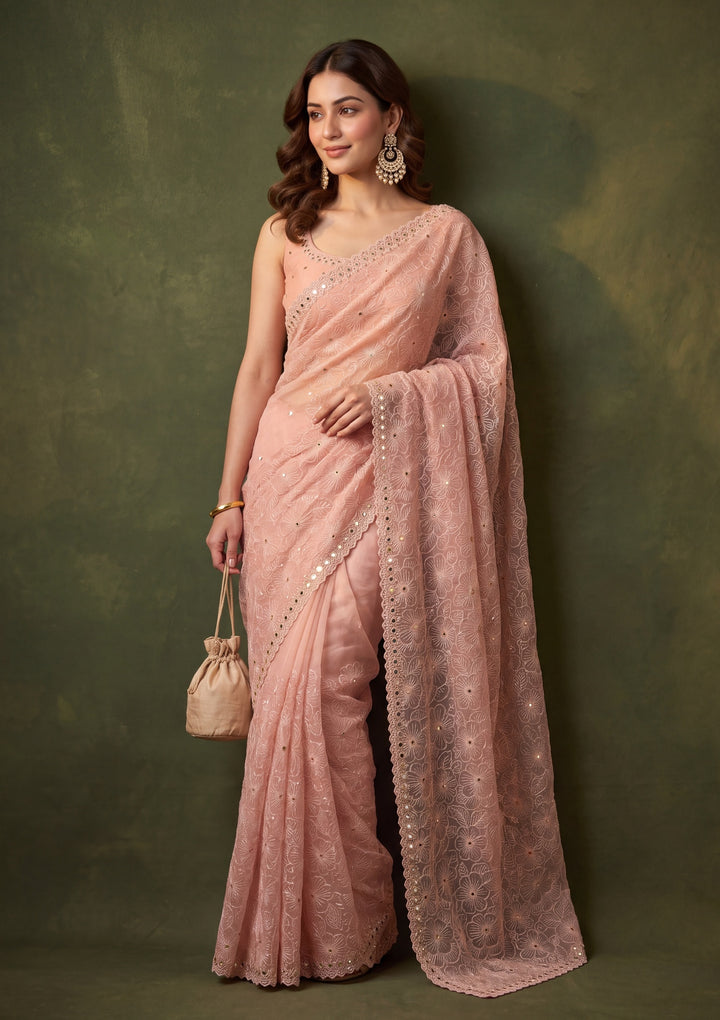 Peach Tissue Mirrorwork Saree With Matching Blouse Piece