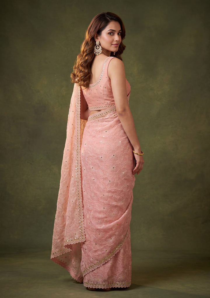Peach Tissue Mirrorwork Saree With Matching Blouse Piece
