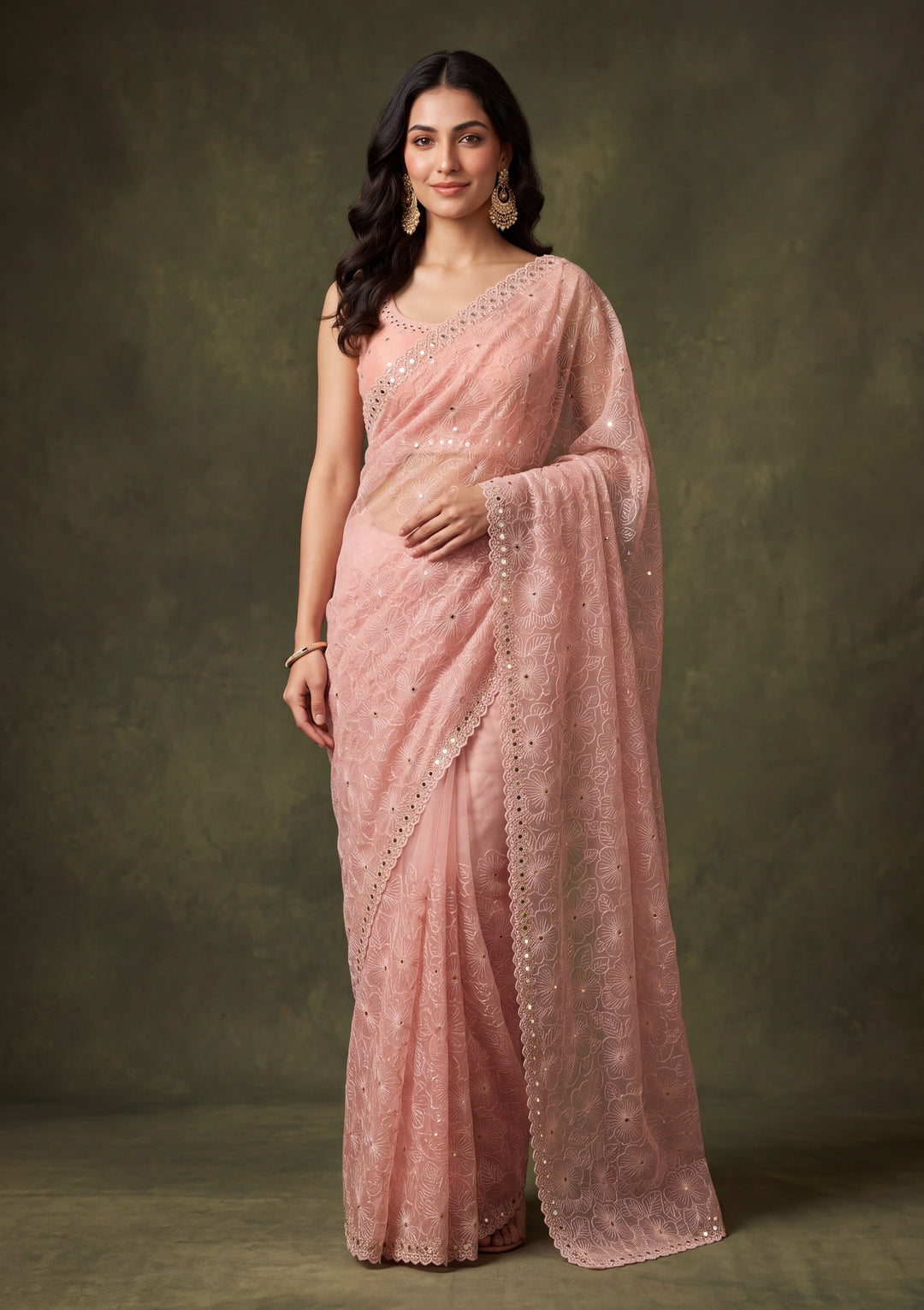 Peach Tissue Mirrorwork Saree With Matching Blouse Piece